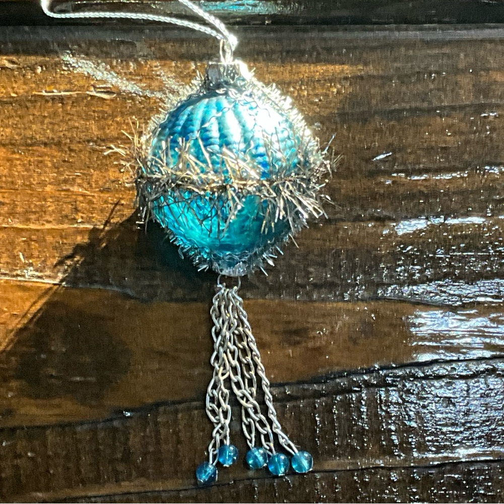 Unique Blue Glass Ornament with Wire Tinsel Beads